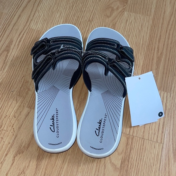NWT Clarks Cloudsteppers Black and White Piper Flat Sandals Size 9 - Picture 4 of 6